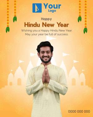 Hindu New Year greeting with a man in traditional attire and festive decorations.