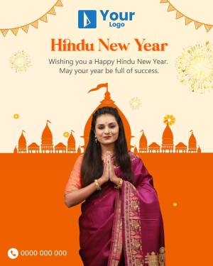Hindu New Year celebration with a woman in traditional attire and temple background