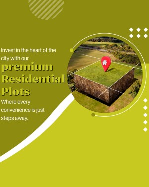 Advertisement for premium residential plots with a green landscape and a red pin marker.