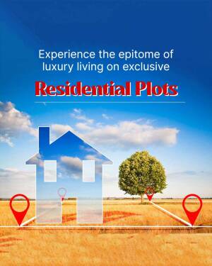 Image of residential plots with a house silhouette and location markers against a blue and golden landscape.