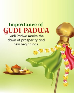 Gudi Padwa celebration with a decorated Gudi, fruits, and traditional items.