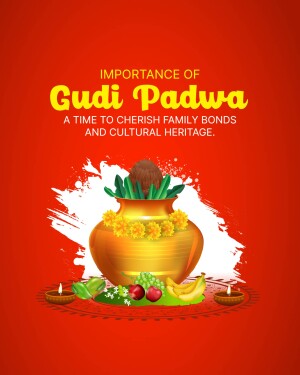 Gudi Padwa celebration with Gudi, fruits, and traditional decorations