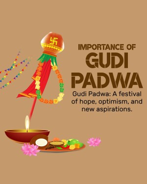 Illustration of a Gudi Padwa celebration with a Gudi, oil lamp, and festive decorations.