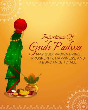 Illustration of a Gudi Padwa celebration with a Gudi, mango leaves, and traditional decorations.