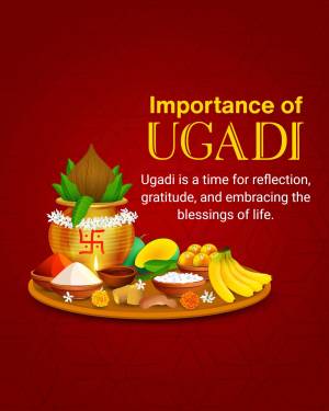Ugadi festival traditional plate with fruits, sweets, and religious items
