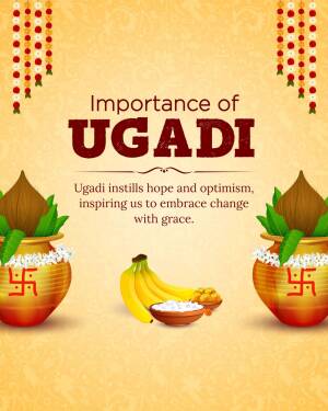 Ugadi festival celebration with traditional elements like pots, bananas, and Swastika symbol.