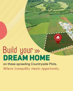 Aerial view of countryside plots with a house icon and text promoting building a dream home.