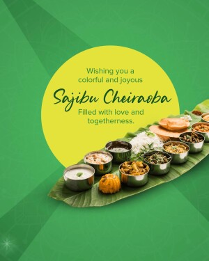 Traditional Manipuri Sajibu Cheiraoba feast with colorful dishes and a festive greeting.