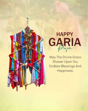 Garia Puja decoration with colorful ribbons and text wishing blessings
