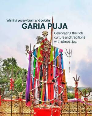 A vibrant Garia Puja setup with colorful cloths and traditional tools.
