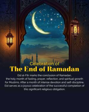Ramadan crescent moon through an arched window with lanterns and a mosque in the background.