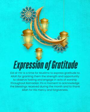 Eid al-Fitr greeting with crescent moon, lanterns, and text expressing gratitude.