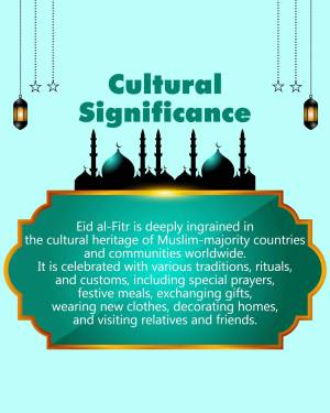 Graphic illustrating the cultural significance of Eid al-Fitr with mosque silhouettes and decorative elements.