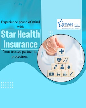 Star Health Insurance advertisement with a hand holding building blocks representing healthcare.