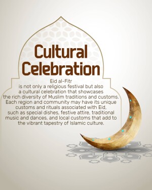 Eid al-Fitr celebration graphic with crescent moon and decorative elements
