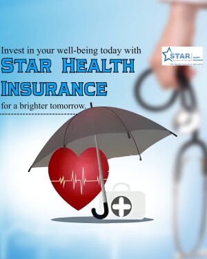 Star Health Insurance advertisement featuring a heart under an umbrella.