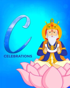 Illustration of Guru Nanak with the letter 'C' and 'Celebrations' text.