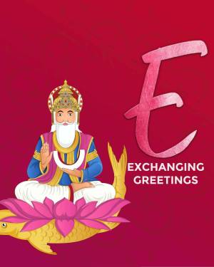 Illustration of Lord Vishnu seated on Sheshnag with the letter 'E' and text 'Exchanging Greetings'
