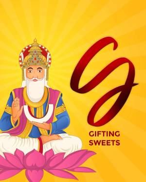 Illustration of Guru Nanak with a stylized 'S' and text 'Gifting Sweets'