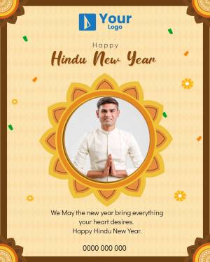 Hindu New Year greeting with a man in traditional attire and festive decorations.