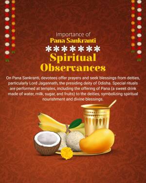 Image depicting the importance of Pana Sankranti with fruits, a glass of Pana, and decorative elements.