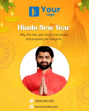 Hindu New Year greeting with a man in traditional attire and festive decorations.