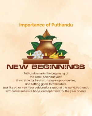 Image depicting a traditional Puthandu (Tamil New Year) setup with a pot, fruits, flowers, and a lamp.