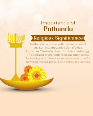Image depicting the religious significance of Puthandu, a Tamil New Year celebration, with a traditional lamp and flowers.