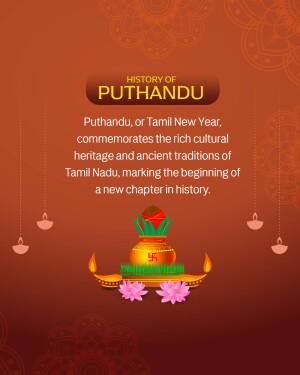 Image depicting the history of Puthandu, the Tamil New Year, with traditional decorations and a pot with fruits and flowers.