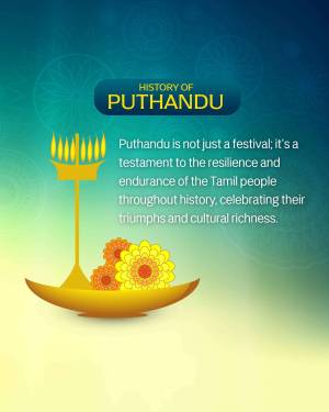 Image depicting a traditional Puthandu (Tamil New Year) celebration with a kuttu vilakku and flowers.