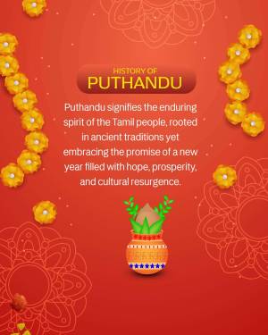 Puthandu festival graphic with flowers, a pot, and text about the history of the holiday.