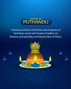 Illustration depicting the traditional Puthandu celebration with a 'Koni' and oil lamps.