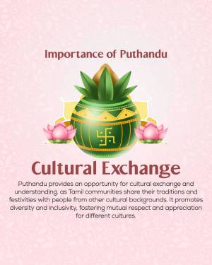 Puthandu celebration with traditional elements like a pot with mango leaves, flowers, and the Swastika symbol.