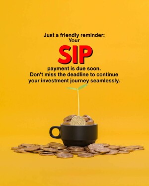 Image reminding users about their SIP payment due date with a coffee cup and coins.