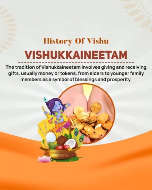 Image depicting the Vishukkaineetam tradition with coins, fruits, and a Krishna illustration.