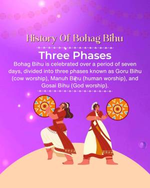 Illustration depicting the three phases of Bohag Bihu celebration with traditional Assamese dancers and symbols.