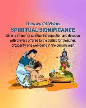 Image depicting a Vishu celebration with a mother and child offering prayers to Lord Krishna.