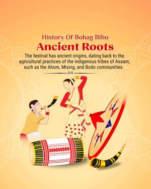 Illustration depicting the history and traditions of Bohag Bihu, featuring traditional instruments and attire.