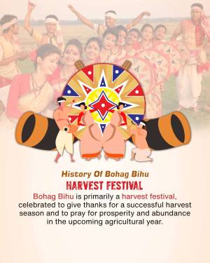 Illustration of Bohag Bihu celebration with traditional instruments and dancers.