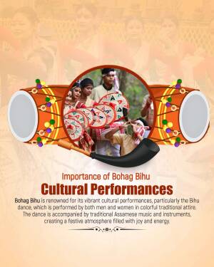 Poster depicting Bohag Bihu celebrations with dancers and traditional instruments.