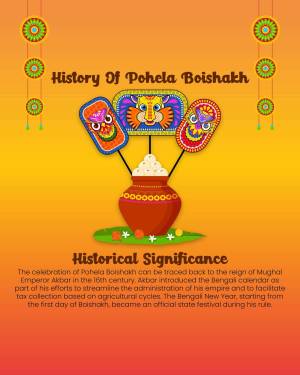 Illustration depicting Pohela Boishakh traditions with clay masks, rice, and a pot.