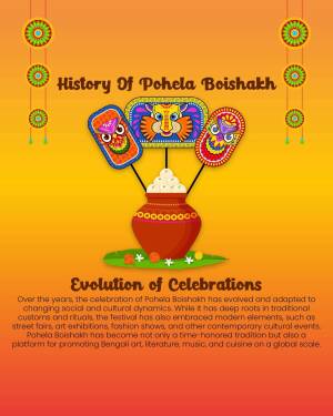 Colorful infographic depicting the history and evolution of Pohela Boishakh, a Bengali New Year celebration.