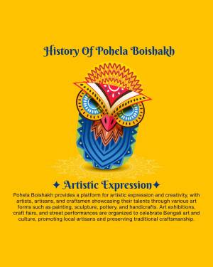 Colorful owl illustration with text about Pohela Boishakh and artistic expression