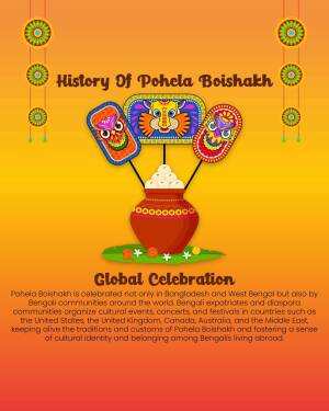 Pohela Boishakh decorative image with traditional masks and a pot of rice.