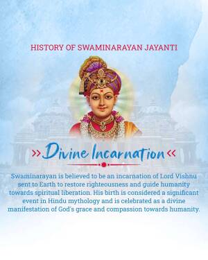 Image depicting Swaminarayan, a divine incarnation of Lord Vishnu, with a temple background.