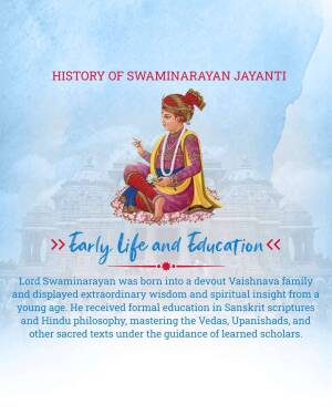 Image depicting Swaminarayan as a child with text about his early life and education.