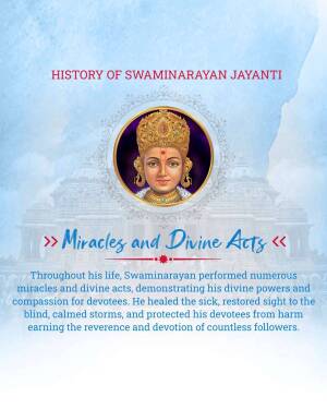 Image depicting Swaminarayan and text about his miracles and divine acts.