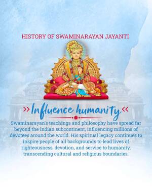 Image depicting Swaminarayan on a throne with text about the history and influence of Swaminarayan Jayanti.