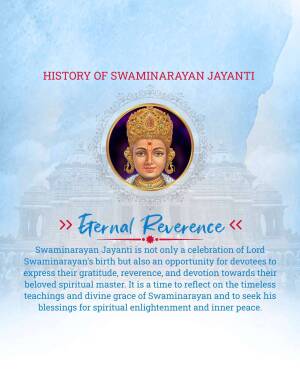 Image depicting Swaminarayan Jayanti with a portrait of Swaminarayan and a temple background.