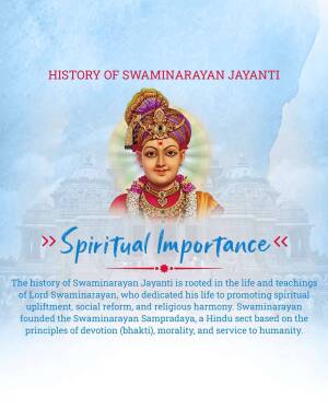 Image depicting Swaminarayan with text about the history and spiritual importance of Swaminarayan Jayanti.